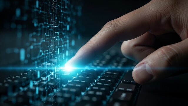 Technology - Human Finger Pressing Glowing Keyboard Key with Digital Circuit Board Data Stream Rising