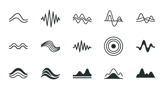 Collection of various sound wave and vibration line icons.