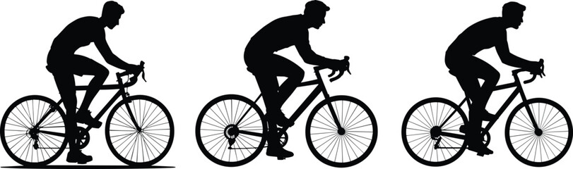 Fototapeta premium Three silhouettes of cyclists riding bicycles in different positions and movements