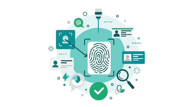 Biometric Security and Digital Identity Verification Illustration with Fingerprint Scan, Face Recognition, and ID Card Icons for Cybersecurity Concepts