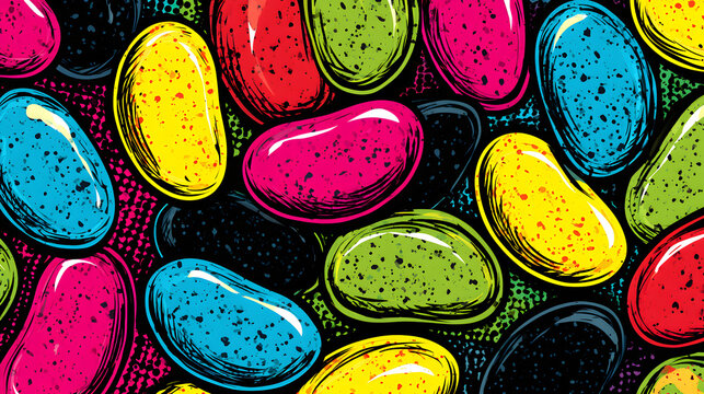 Retro comic book candy background with shiny jelly beans and energetic pop art style