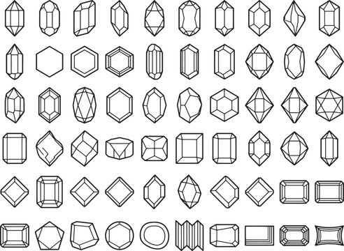 A collection of various gemstone cuts and shapes, rendered in a clean line art style, showcasing the diversity of faceted jewels.