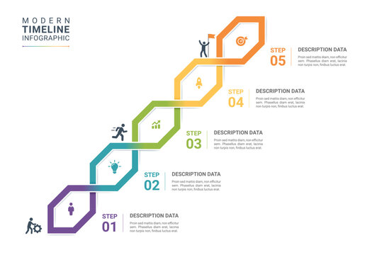 Modern timeline infographic template with line steps and workflow process. Vector business presentation design featuring 5 step options, milestone icons, arrow elements and data visualization layout.