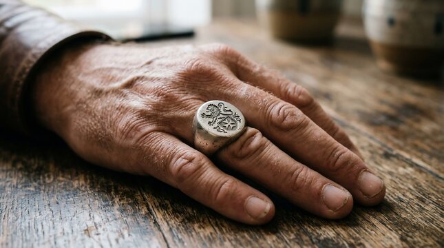 Close-up of an elderly mans hand wearing a unique silver signet ring on a rustic wooden table.