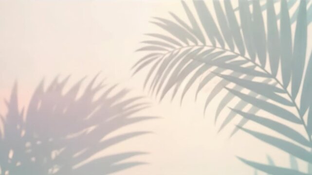 Shadows of tropical palm leaves moving on wall with soft sunlight and pastel tones