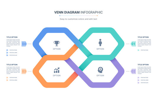 Venn diagram infographic geometric template for business presentation. Modern vector venn chart with 4 step options, process flow and marketing concept design.