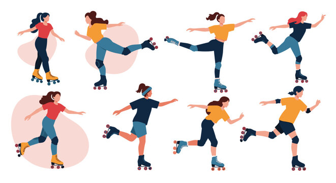 Set of active female characters in various outfits and poses enjoy roller skating and practicing different tricks on their quad skates.