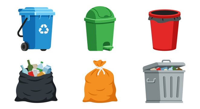 collection of colorful trash cans and garbage bags vector illustration