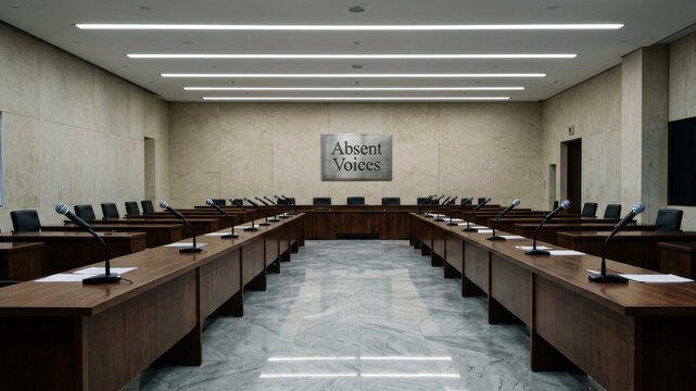 Vacant legislative hall beneath dramatic lighting symbolizing stalled governance institutional emptiness and political inactivity