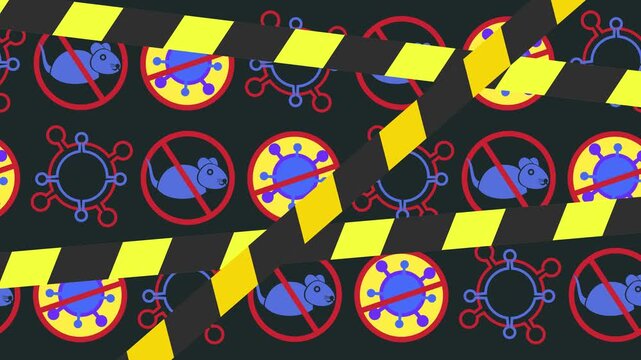 Virus warning and hazard tape seamless pattern in abstract horizontal background animation for hantavirus prevention wallpaper concept. Pandemic alert and quarantine safety backdrop. Seamless looping.