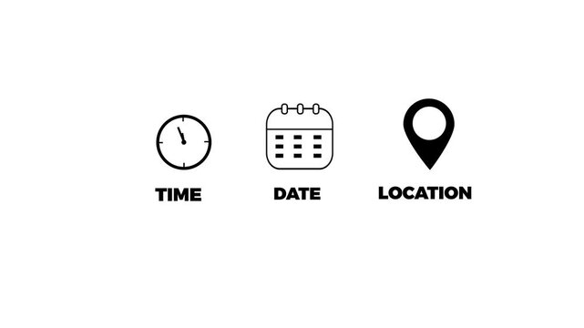 Minimalist time date and location icon set on white background