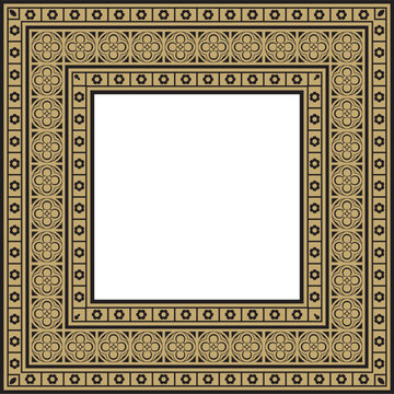 Vector black and gold square gothic ornament. Medieval European rectangle, border. Classic pattern of the Germans, Angles, Saxons, Franks.
