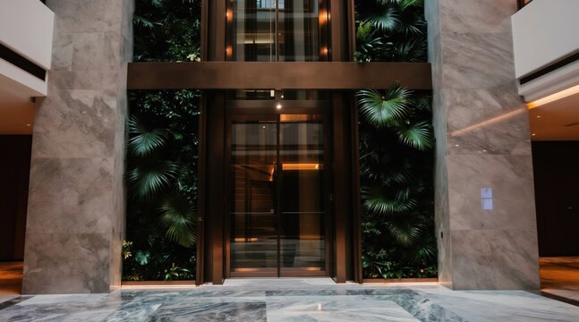 Modern glass elevator set against rich green living wall. Sleek marble walls and floors complement stylish atrium design. Ambient lighting creates sophisticated atmosphere, evoking luxury and nature.