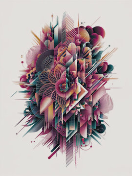 An abstract floral design featuring a vibrant macro closeup of purple lily blossoms and green spring leaves on a delicate branch captures the colorful beauty of nature for tee shirt design.