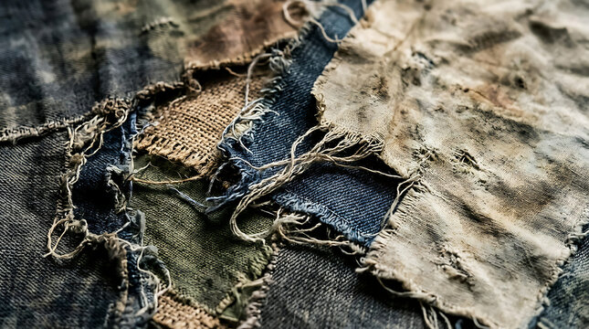 Closeup of distressed denim fabric with torn patches and frayed edges