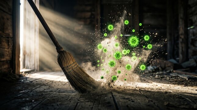 Virus Spread And Contamination Risk, Broom Sweeping Dust With Green Microbes In Dirty Room, Health Hazard, Disease Prevention, Infection Control