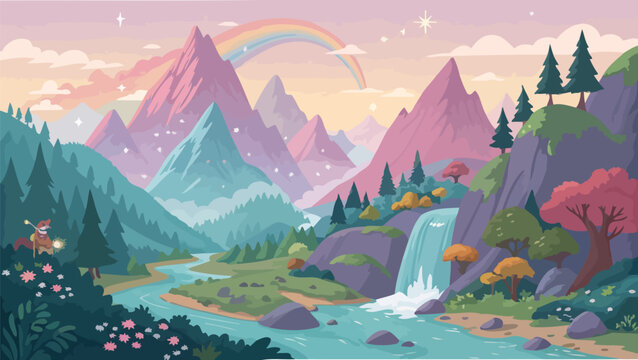 A colorful cartoon landscape with a river and waterfall and rainbow in the mountains