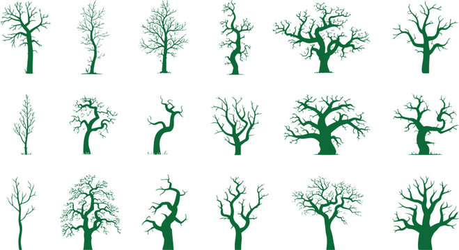 Diverse collection of stylized green tree silhouettes with various organic shapes and branches