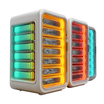 Row of Three Futuristic Server Racks with Glowing Neon Lights data center technology isolated on a transparent background