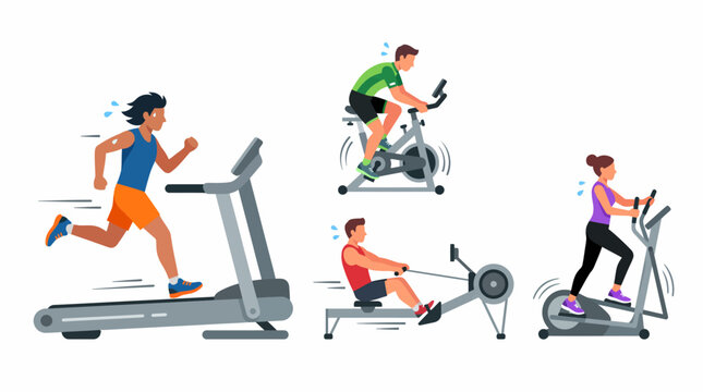 Illustrative depiction of various people performing cardio exercises on different gym equipment, including treadmill, stationary bike, rowing machine, and elliptical trainer.