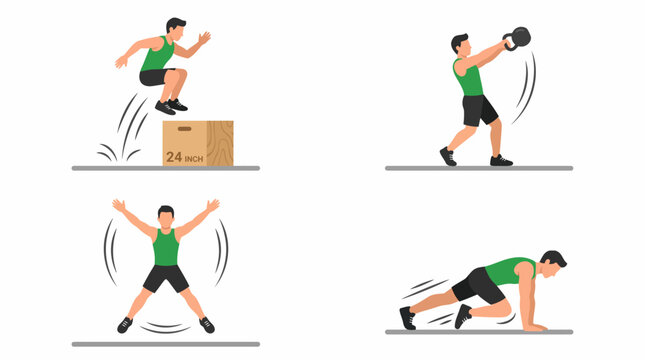 A collection of four dynamic exercises including box jumps, kettlebell swings, jumping jacks, and mountain climbers, demonstrating various fitness routines.
