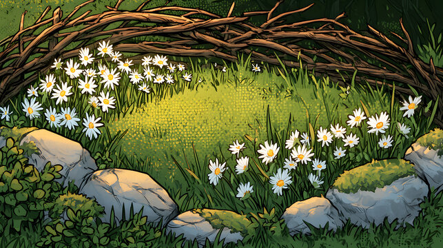 Storybook comic garden background with twig fence and cozy rural flower bed illustration