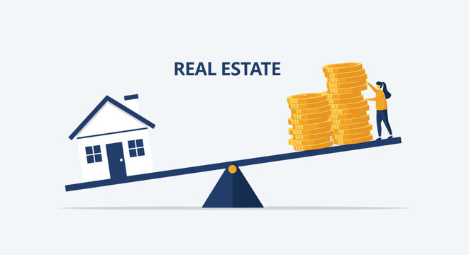 Real estate investment concept showing a house and stacks of coins balanced on a seesaw with a woman character on one side.