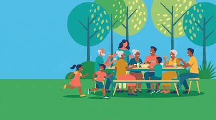 Fototapeta premium Flat Style Illustration of Large Diverse Family Reunion Outdoor Lunch with Children Running in Park