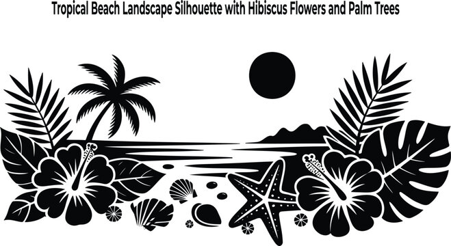 Tranquil tropical beach landscape silhouette with lush palm trees, exotic hibiscus flowers, and charming seashells