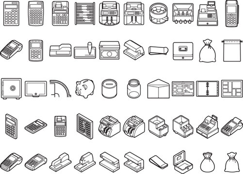 A collection of isometric icons representing various office supplies and business equipment, including calculators, staplers, cash registers, and safes, all rendered in a clean.