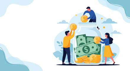 Fototapeta premium Tiny team of people work together to fill a giant glass savings jar with large gold coins and several stacks of paper cash bills.