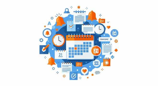 Time Management and Productivity Illustration with Calendar, Clocks, and Task Scheduling Icons