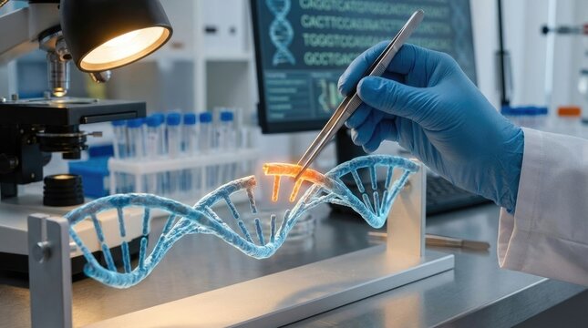 DNA molecule undergoing precise genome editing, a molecular structure being manipulated by advanced CRISPR-Cas9 technology, illustrating genetic modification engineering.