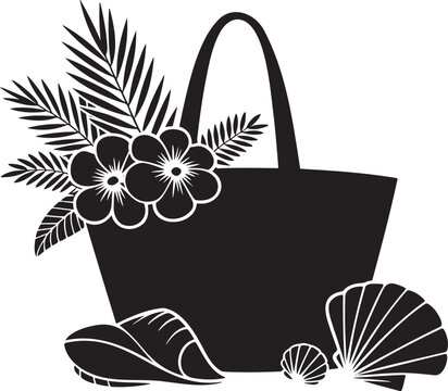 Summer beach vacation tote bag with tropical leaves, vibrant flowers, and elegant seashells on sand