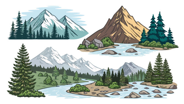 Mountain landscape scenes with pine trees and rivers in a vector illustration style