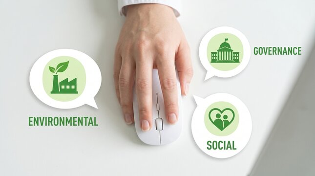 ESG environmental social and governance concept, person using computer mouse with sustainability icons, corporate responsibility and ethical investment
