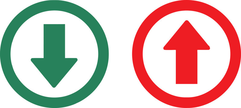 Green down arrow and red up arrow icons in circular frames representing opposite directions and navigation choices Vector