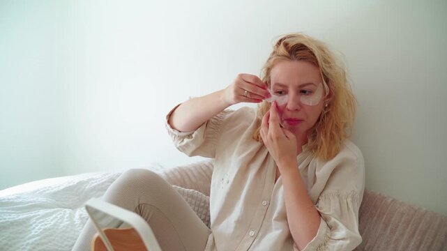 Beautiful woman in early forties putting on eye patch in the morning, beauty skin care routine 