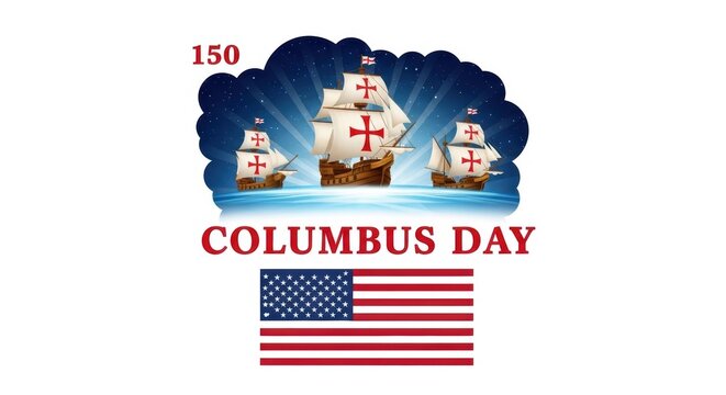 Three historical sailing ships representing columbus day with the american flag and the number 150 celebrating exploration and history