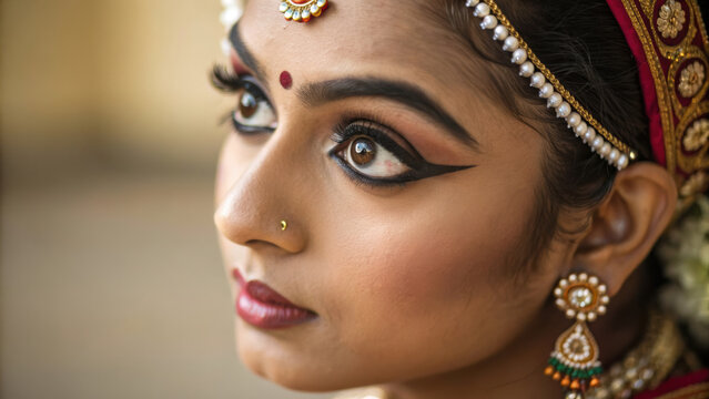 Indian cultural procession woman traditional makeup jewelry face beauty Indian cultural procession woman with traditional makeup