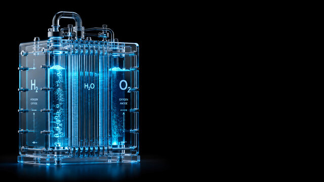 3D premium glass green hydrogen electrolyzer core with glowing cyan chemical reaction effects, renewable energy engineering concept, left aligned with blank copy space, black background