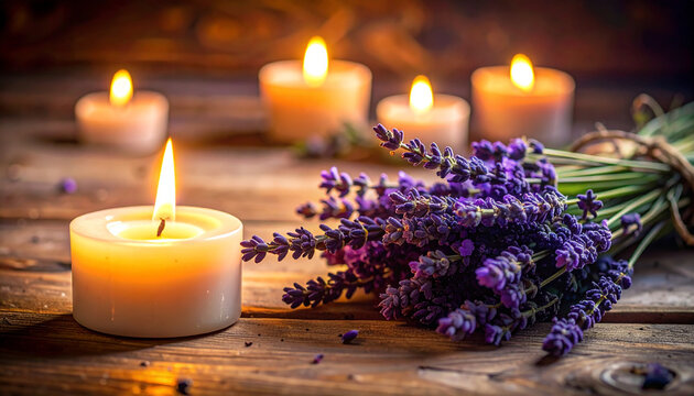 Lit candles and lavender on wood