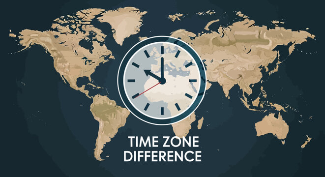 Concept of Time Zone Difference with Clock and World Map Background.