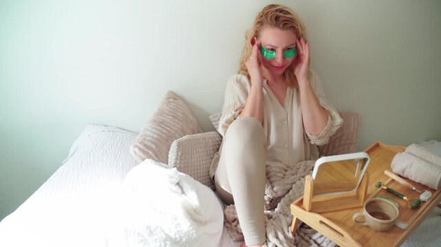 Morning skin care routine, beautiful blonde woman putting on eye patch under her eyes while drinking coffee in the bed