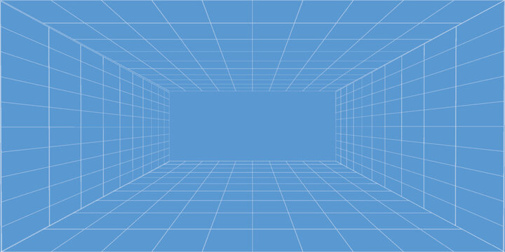 3d wireframe grid room. 3d perspective laser grid 16 9.. Cyberspace blue background with white mesh. Futuristic digital hallway space in virtual reality. Vector illustration.