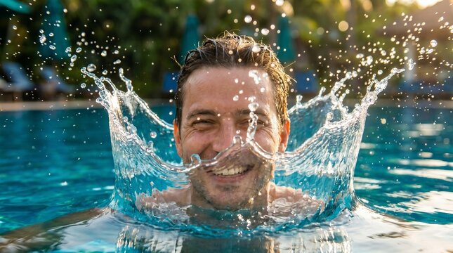 Happy man splashes water in outdoor swimming pool, enjoying summer vacation