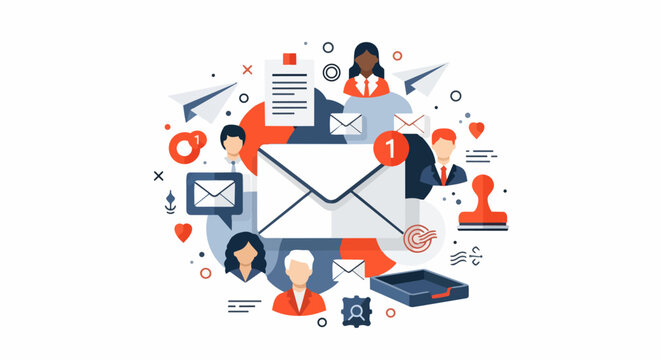 Email Marketing and Business Communication Concept. Flat Vector Illustration for Digital Correspondence, Professional Networking, and Customer Relationship Management.