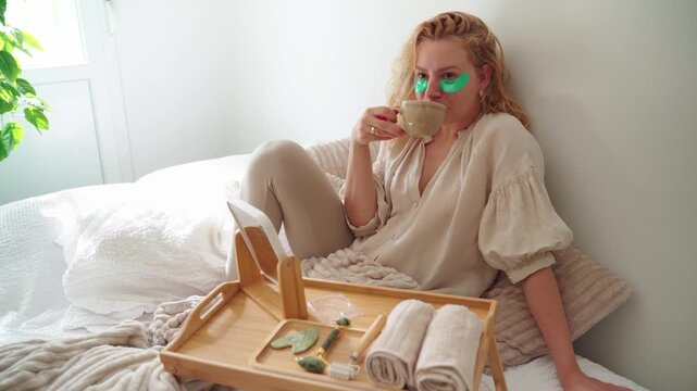 Happy woman in the morning drinks coffee with foam and having eye patch for beauty routine
