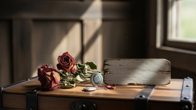 Vintage - Dried Roses Silver Locket Necklace and Weathered Wood Sign on Antique Wooden Trunk in Soft Natural Light