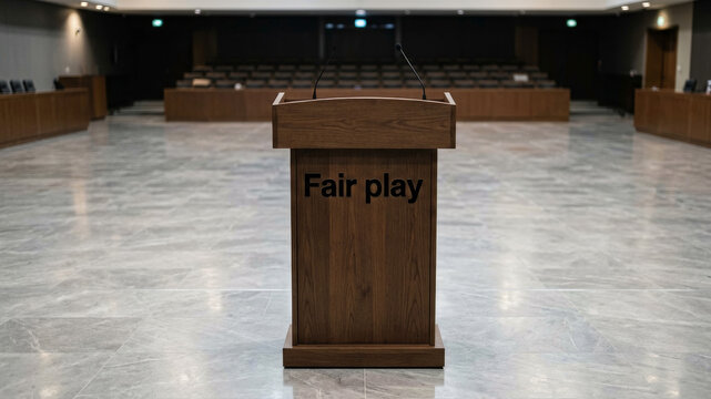 Empty legislative chamber with fair play banner symbolizing ethical governance parliamentary accountability and democratic standards